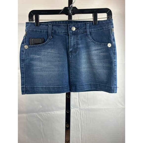 True Religion Womens Denim Mini Skirt Size 27 With Leather Trim NWT Made In USA - Picture 1 of 6